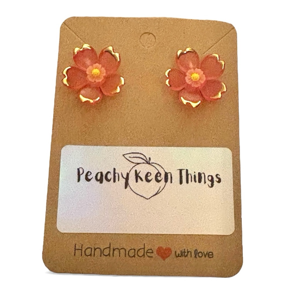 Lucite Cherry Blossom Flower Earrings with Cabohon Centers and 925 Posts. - Picture 8 of 11